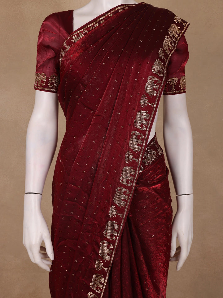 Maroon Elephant Motif Embellished Satin Saree - Diadem