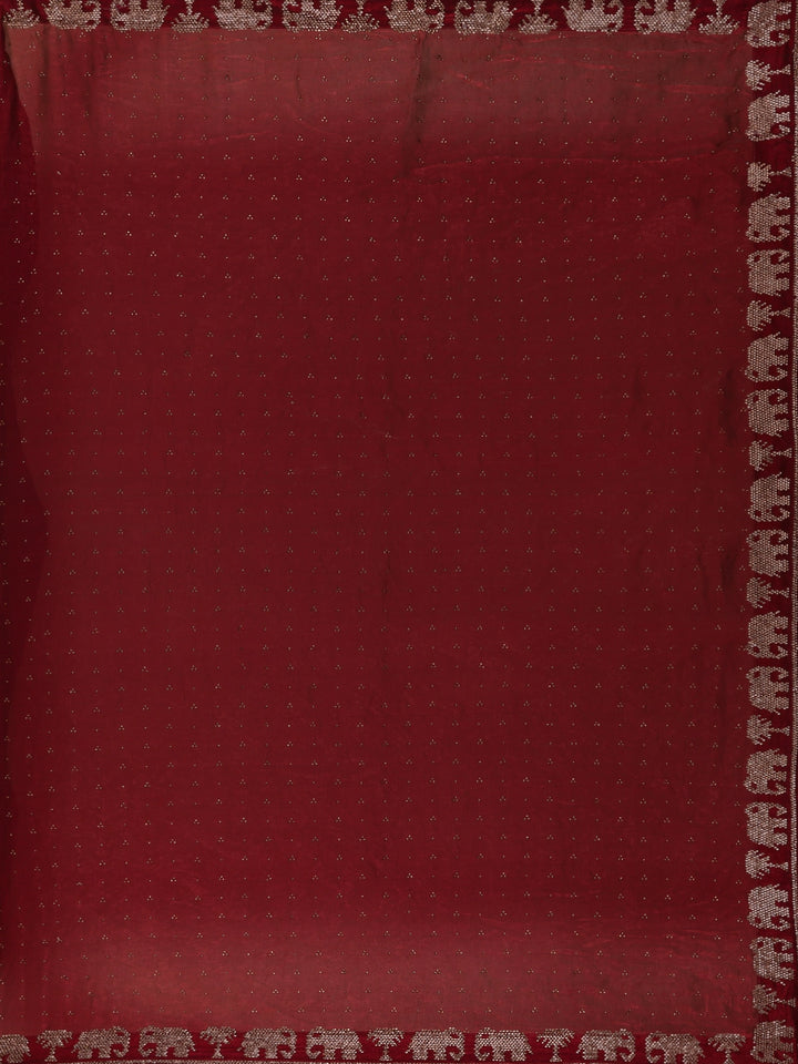 Maroon Elephant Motif Embellished Satin Saree - Diadem