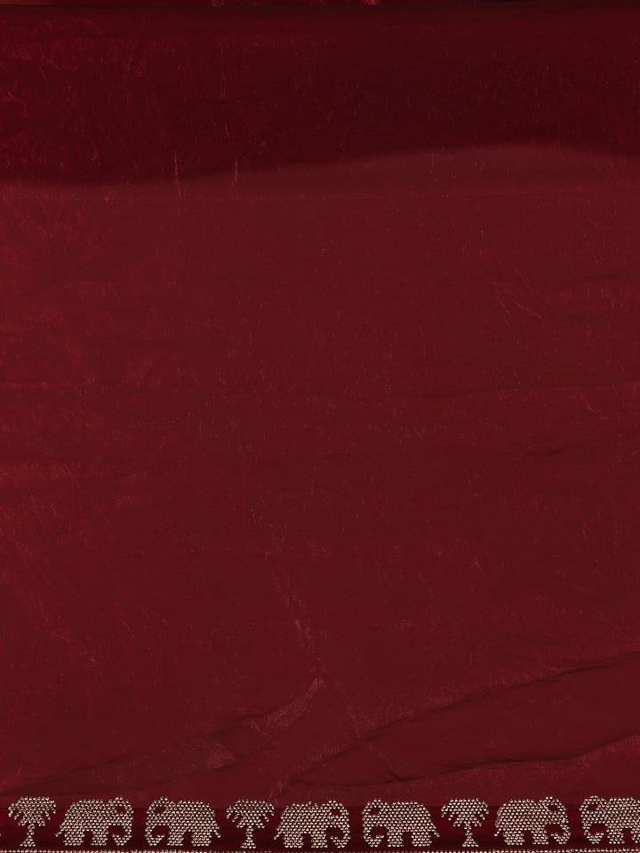 Maroon Elephant Motif Embellished Satin Saree - Diadem