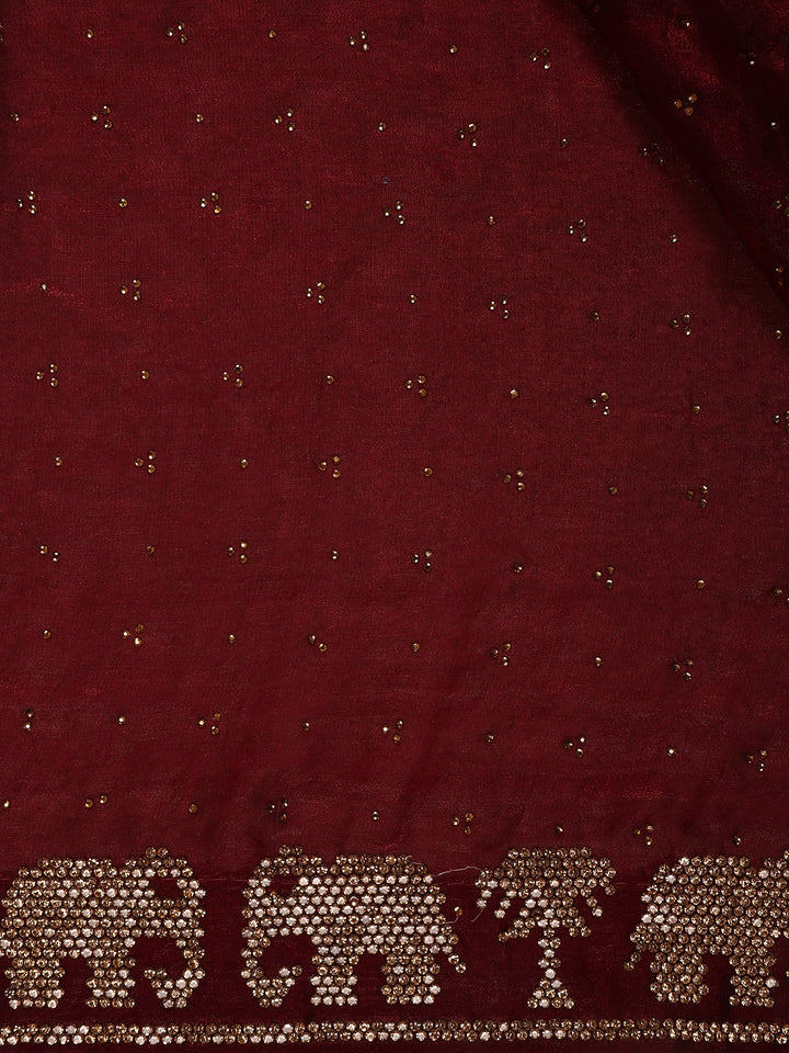 Maroon Elephant Motif Embellished Satin Saree - Diadem