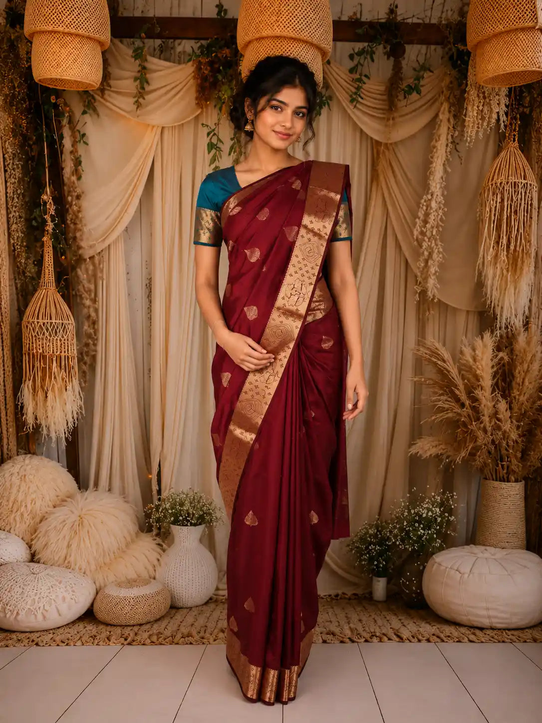 Maroon Floral Butta Woven Design Kanchipuram Silk Saree with Zari Border