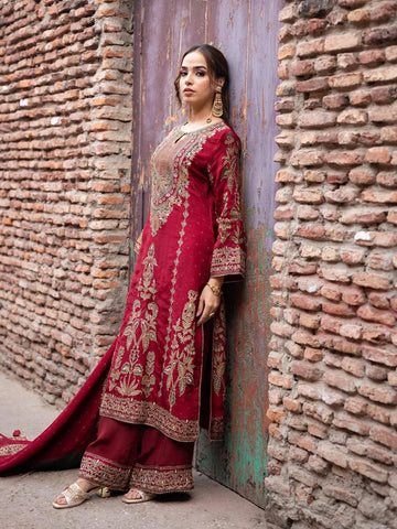 Maroon Floral Design Crepe Palazzo Salwar Suit - Diadem