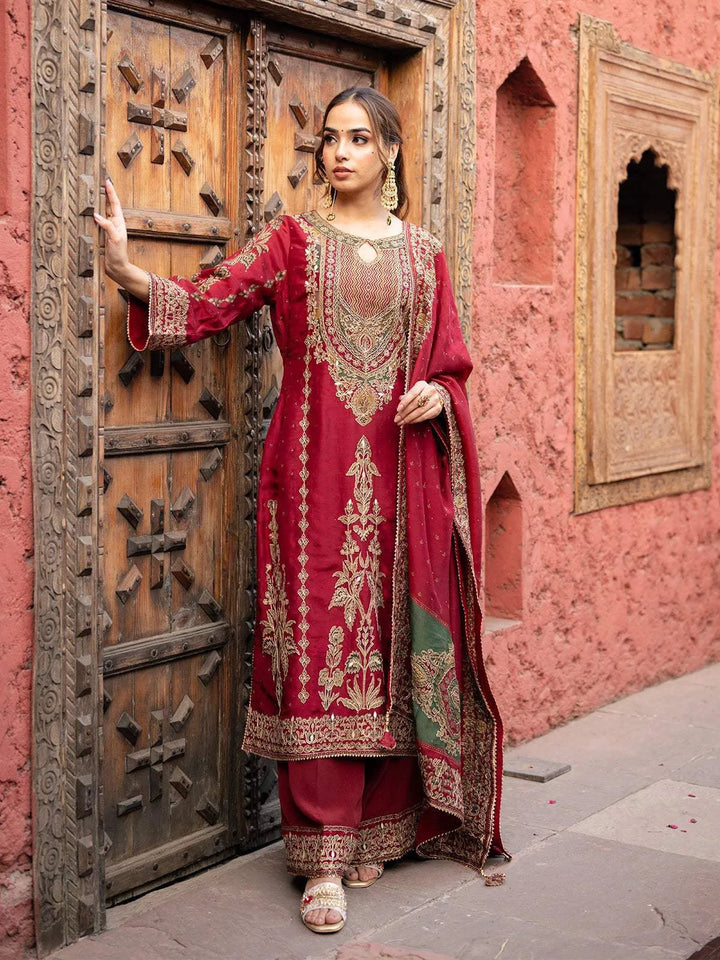 Maroon Floral Design Crepe Palazzo Salwar Suit - Diadem