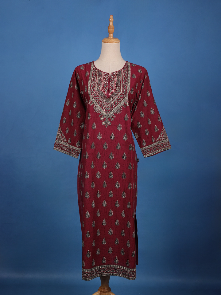 Maroon Floral Printed Cotton Kurti - Diadem
