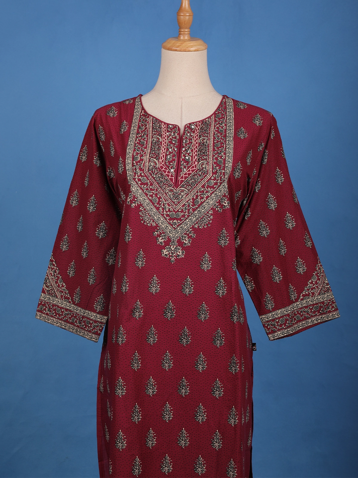 Maroon Floral Printed Cotton Kurti - Diadem