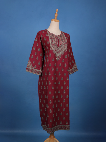 Maroon Floral Printed Cotton Kurti - Diadem