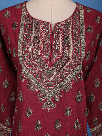 Maroon Floral Printed Cotton Kurti - Diadem
