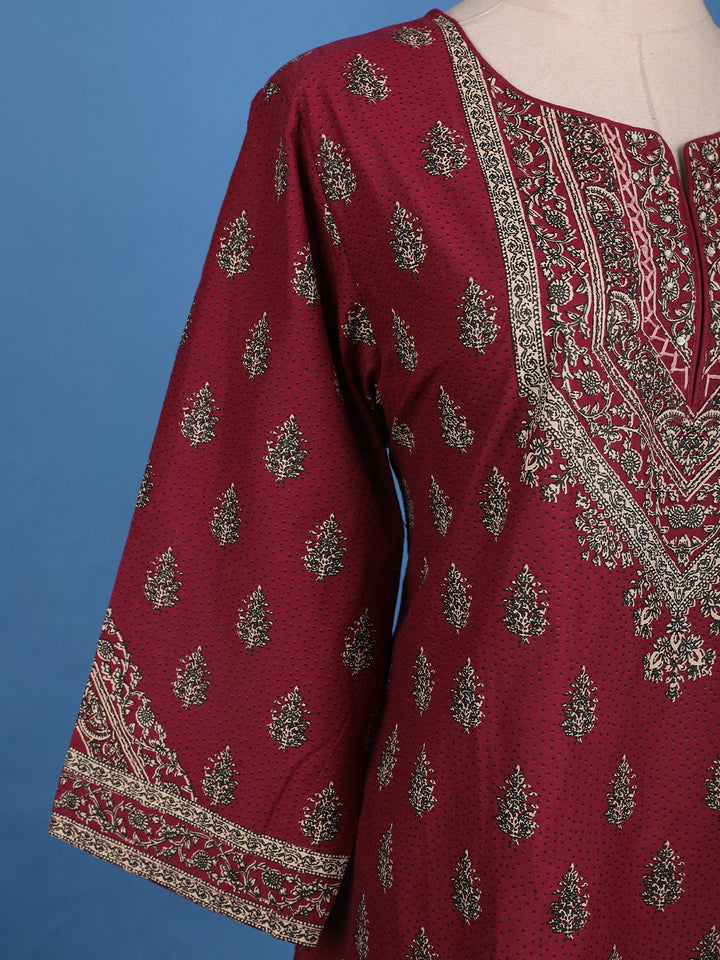 Maroon Floral Printed Cotton Kurti - Diadem