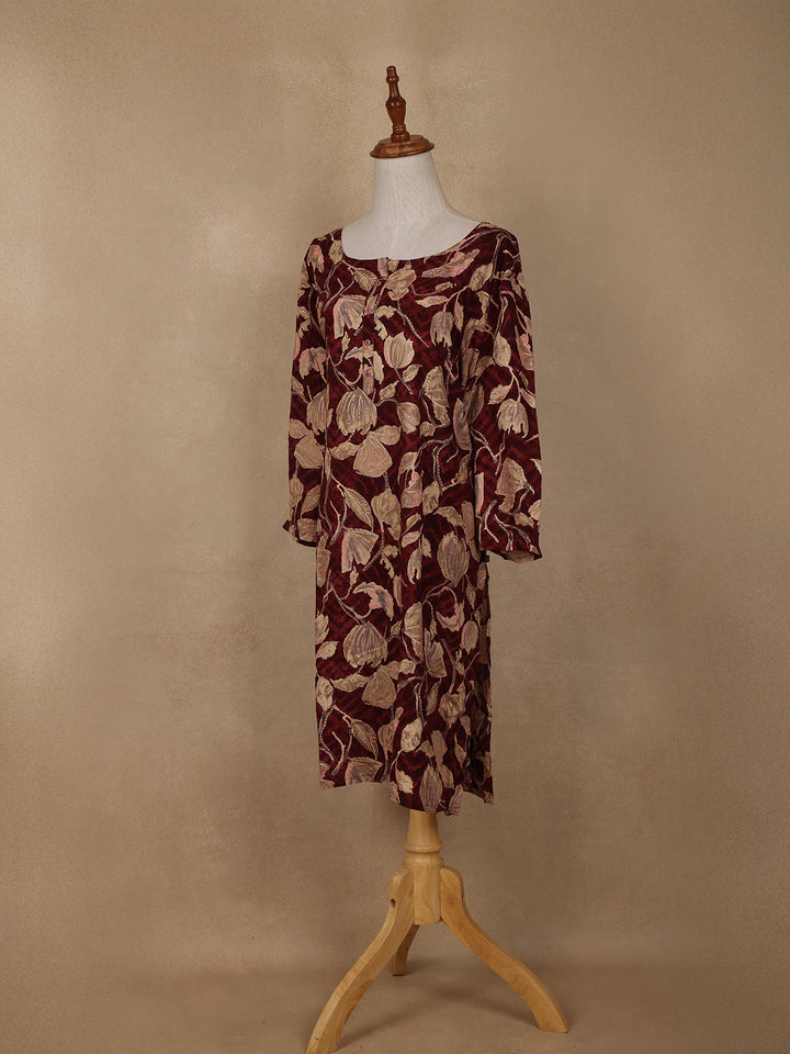 Maroon Floral Design Printed Rayon Kuti - Diadem