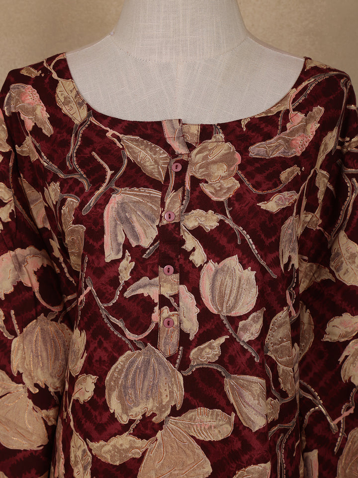 Maroon Floral Design Printed Rayon Kuti - Diadem