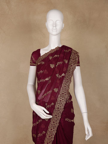 Maroon Floral Embellished Chiffon Saree - Diadem