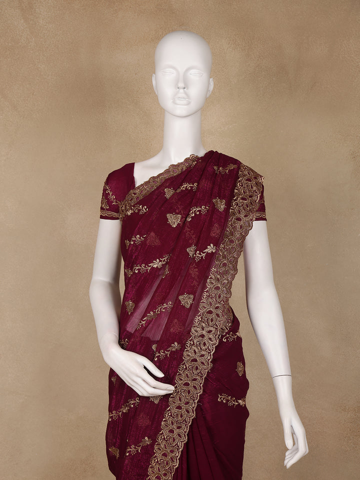 Maroon Floral Embellished Chiffon Saree - Diadem