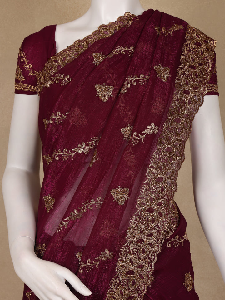 Maroon Floral Embellished Chiffon Saree - Diadem