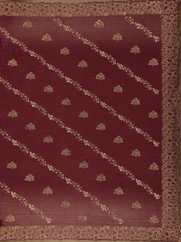 Maroon Floral Embellished Chiffon Saree - Diadem