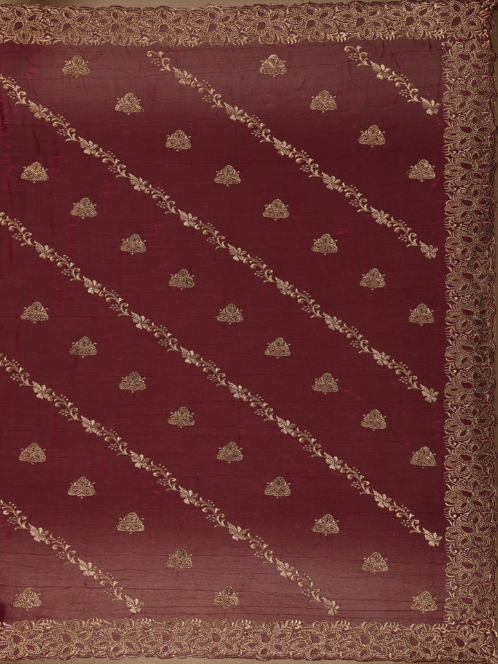 Maroon Floral Embellished Chiffon Saree - Diadem
