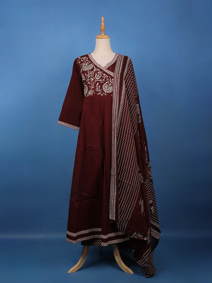 Maroon Floral Embroidered Cotton Salwar Suit - Diadem