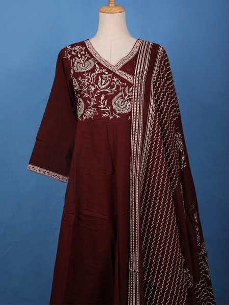 Maroon Floral Embroidered Cotton Salwar Suit - Diadem
