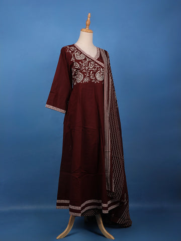 Maroon Floral Embroidered Cotton Salwar Suit - Diadem