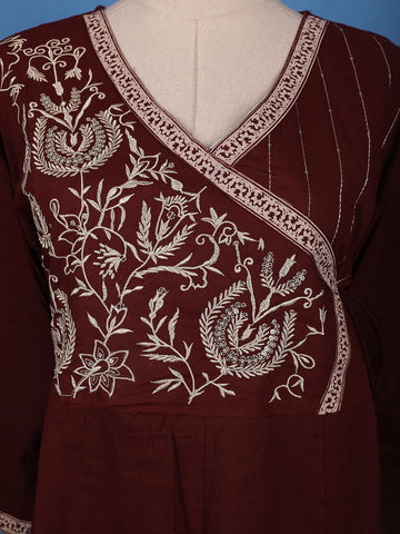 Maroon Floral Embroidered Cotton Salwar Suit - Diadem