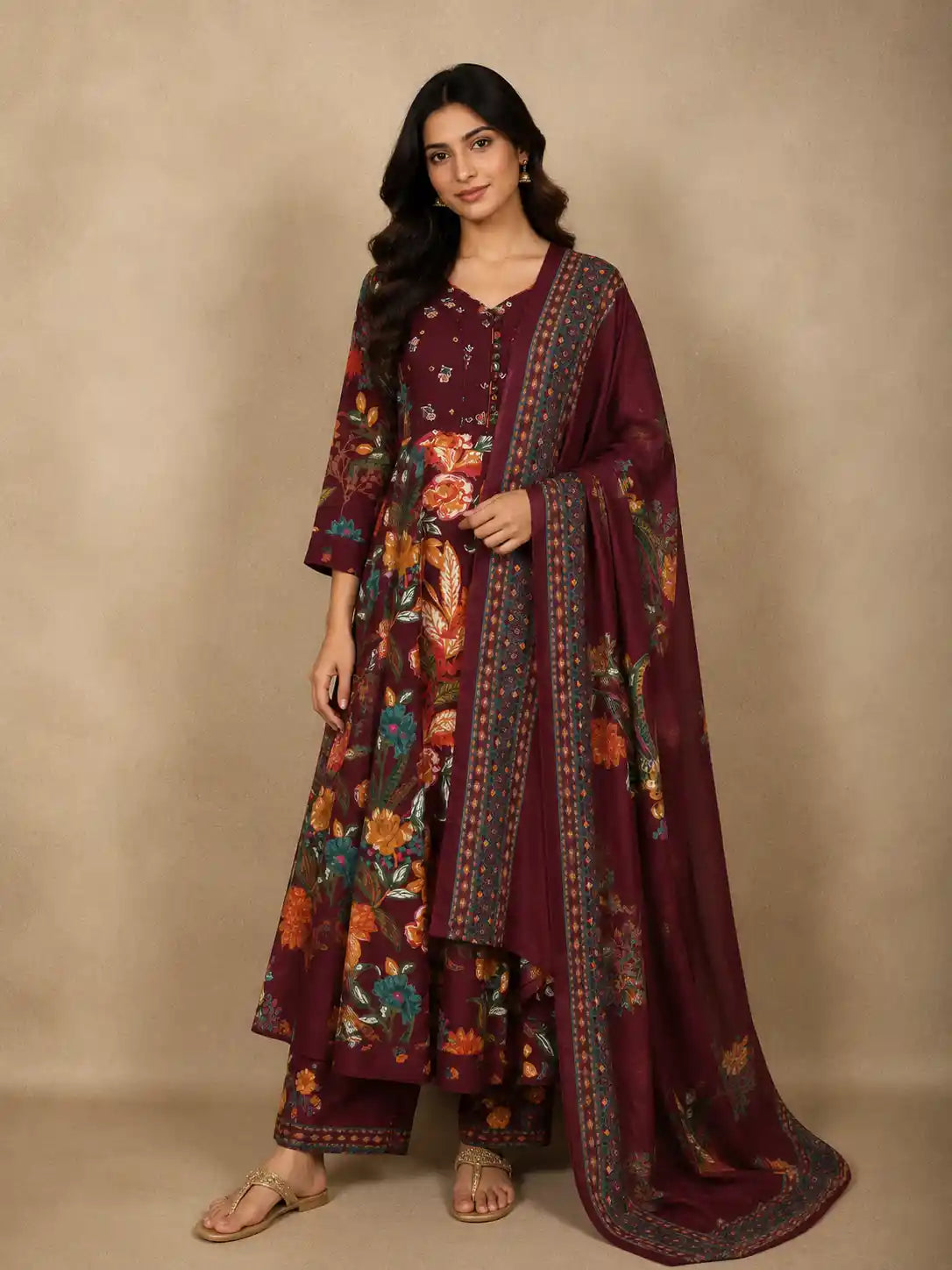 Maroon Floral Printed Cotton Anarkali Salwar Suit with Printed Dupatta