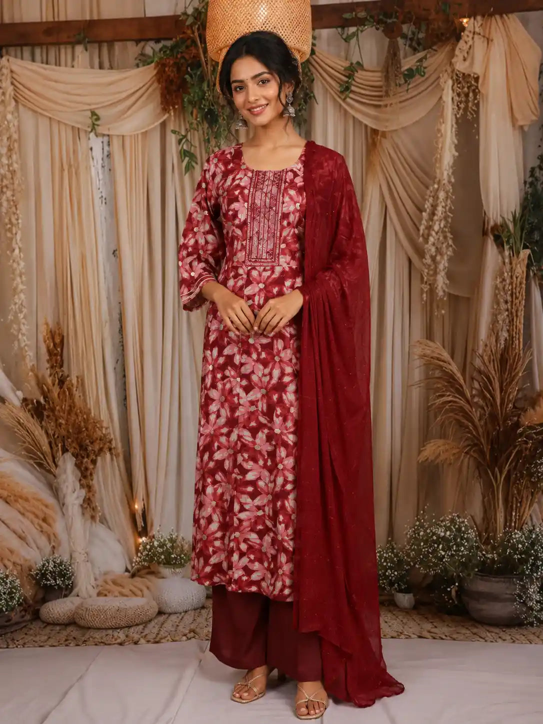 Maroon Floral Printed Cotton Salwar Suit with Embroidered Yoke
