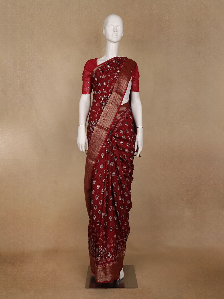 Maroon Floral Printed Cotton Saree - Diadem