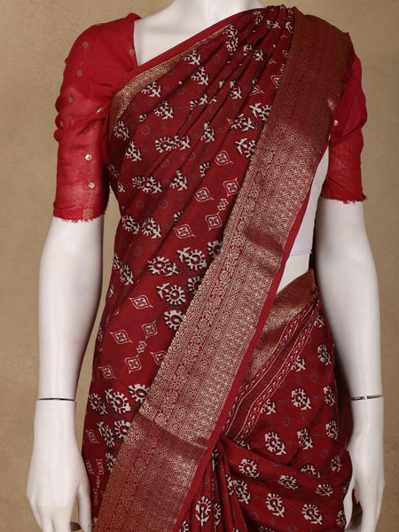 Maroon Floral Printed Cotton Saree - Diadem