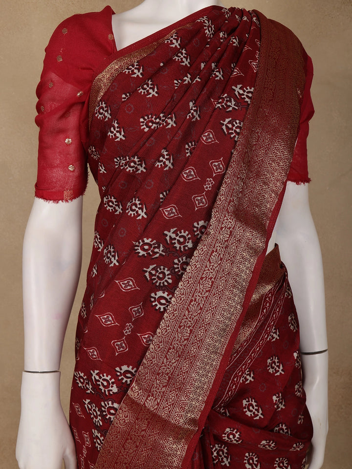 Maroon Floral Printed Cotton Saree - Diadem