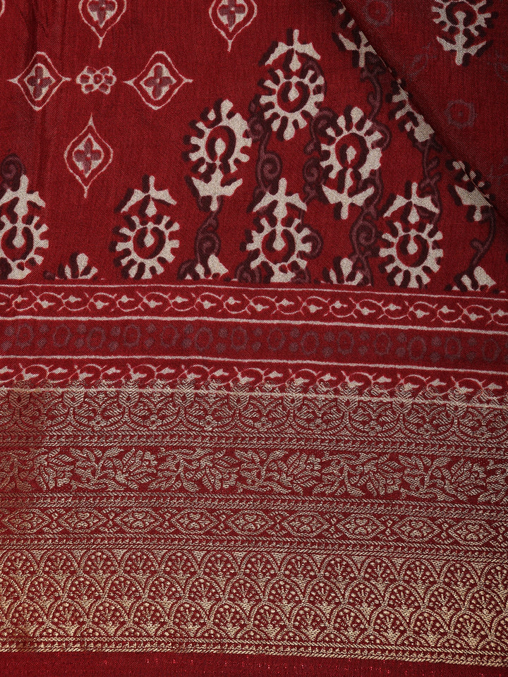 Maroon Floral Printed Cotton Saree - Diadem