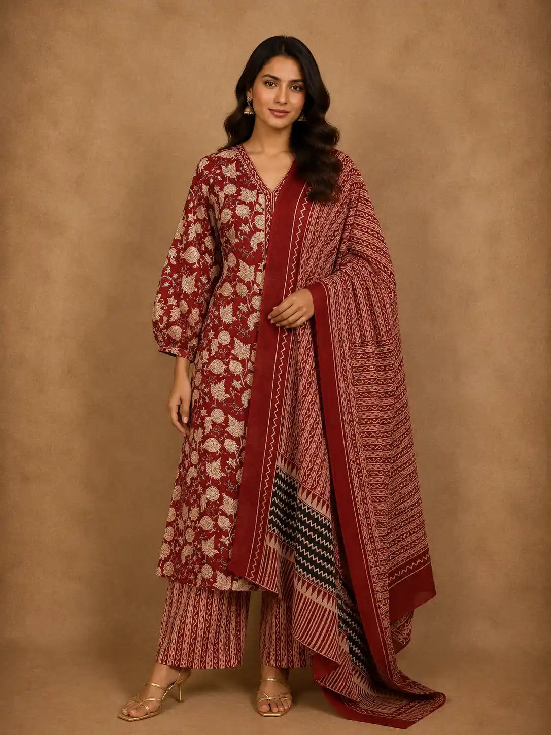 Maroon Floral Printed Design Cotton Salwar Suit with Dupatta