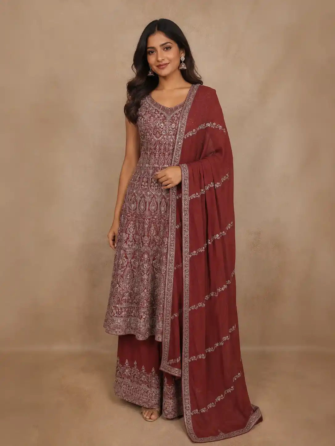 Maroon Floral Sequins Embroidered Design Georgette Palazzo Suit