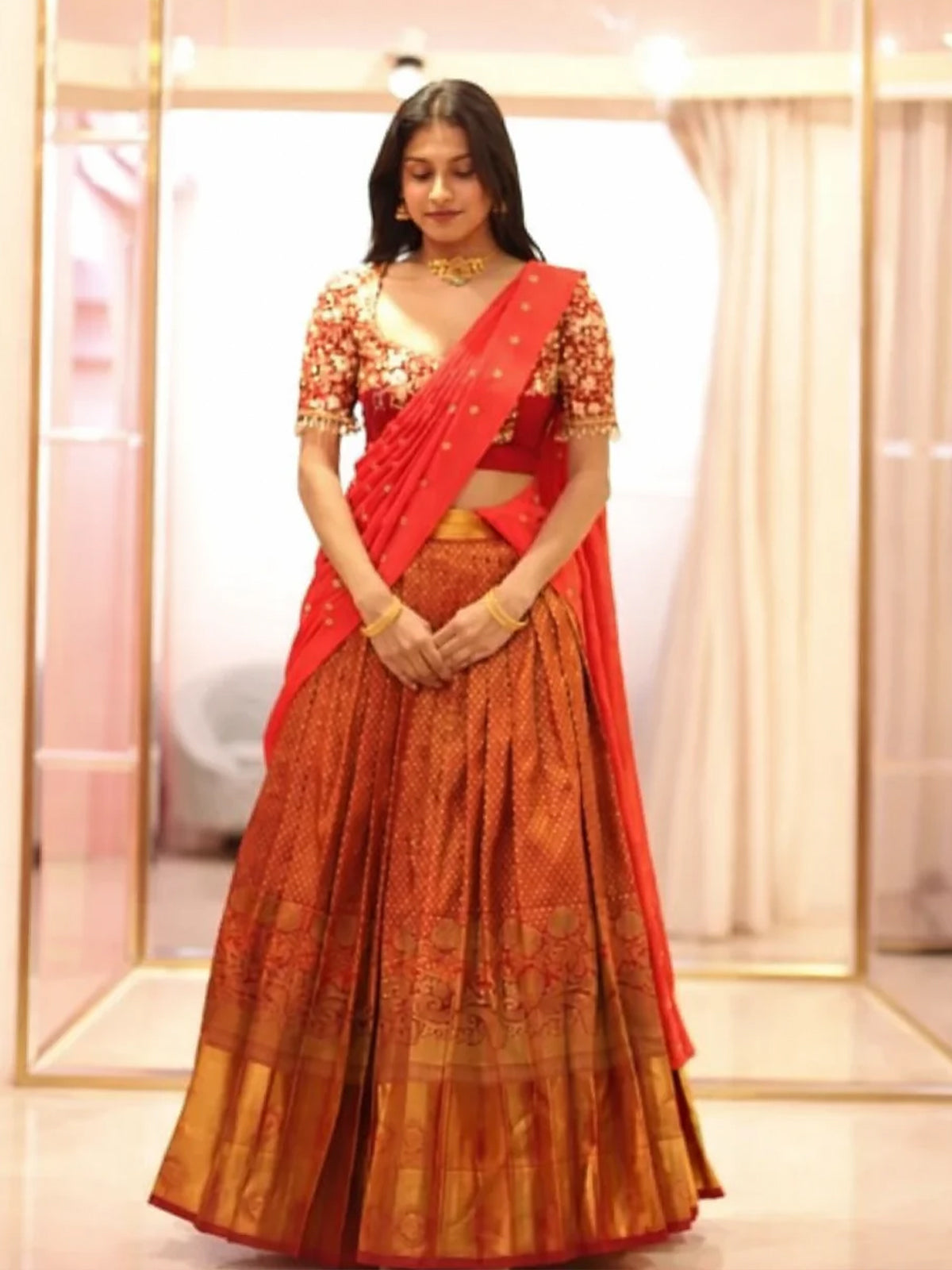 Maroon Floral Zari Woven Design Pure Kanchipuram Silk Bridal Wear Dhavani with Beads Work Blouse