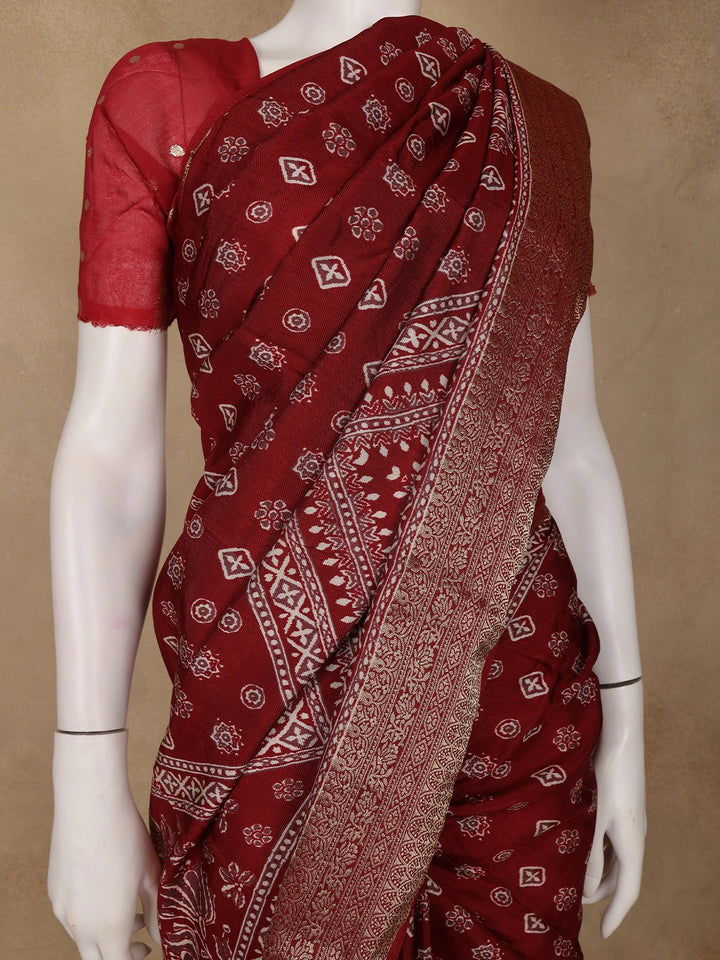Maroon Floral Printed Cotton Saree - Diadem