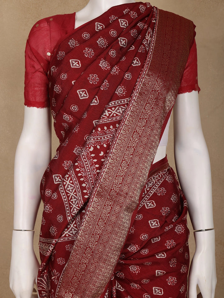 Maroon Floral Printed Cotton Saree - Diadem