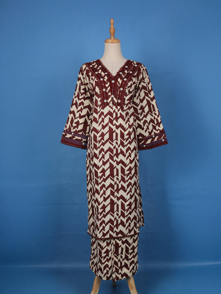 Maroon Geometric Printed Cotton Palazzo Salwar Suit - Diadem