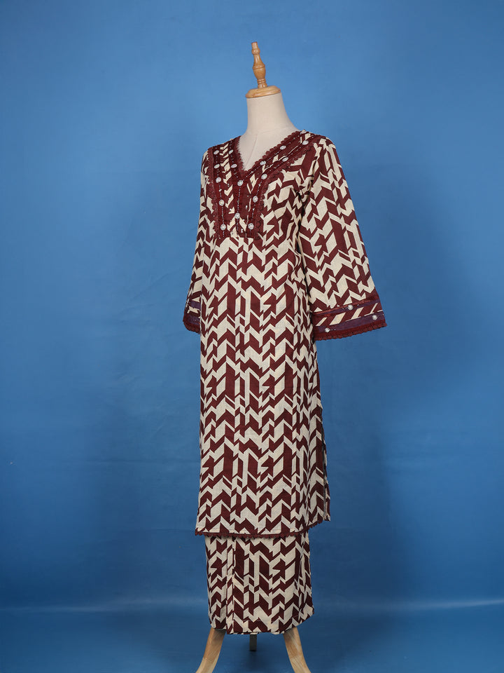 Maroon Geometric Printed Cotton Palazzo Salwar Suit - Diadem