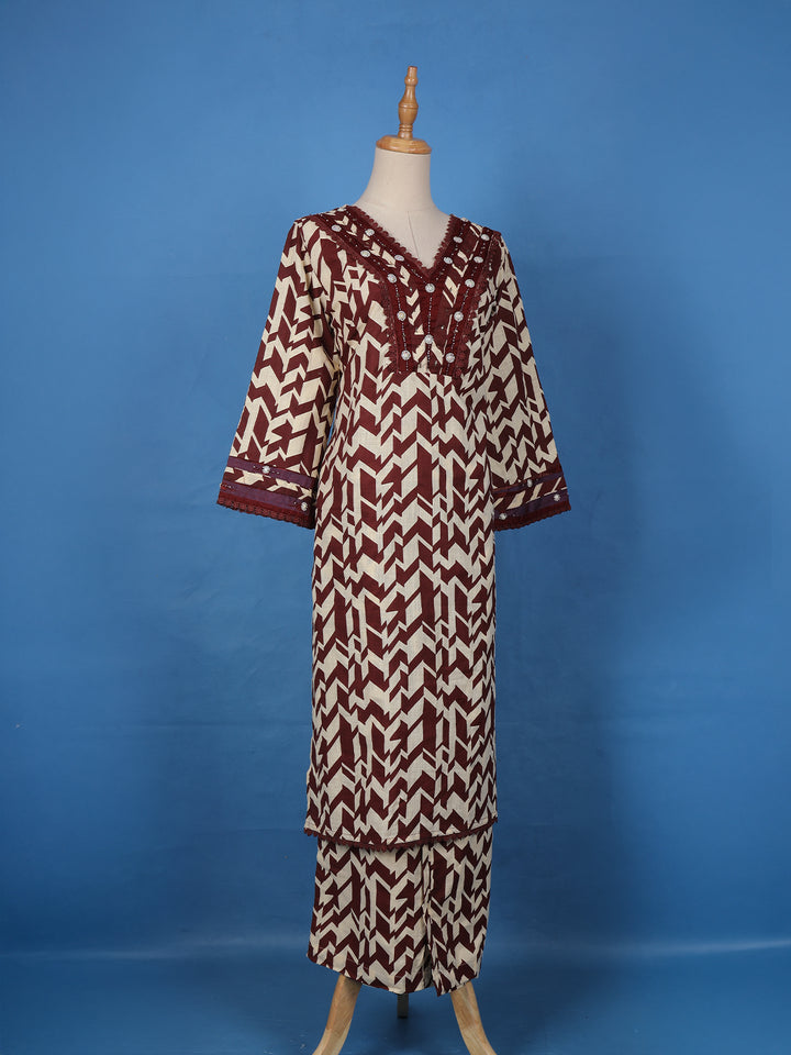 Maroon Geometric Printed Cotton Palazzo Salwar Suit - Diadem
