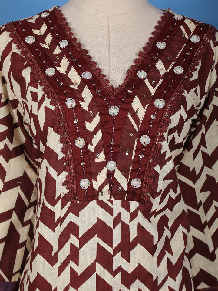 Maroon Geometric Printed Cotton Palazzo Salwar Suit - Diadem