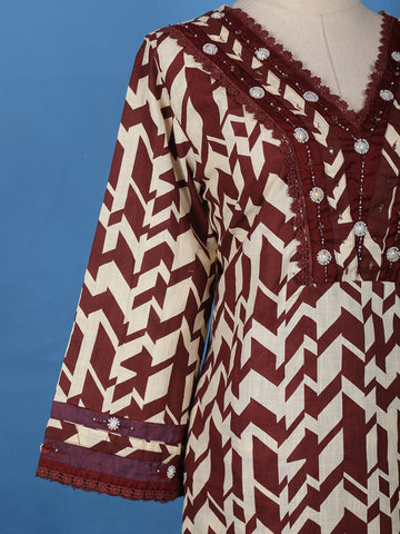 Maroon Geometric Printed Cotton Palazzo Salwar Suit - Diadem
