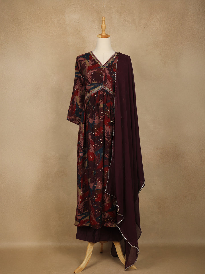 Maroon Multi-Color Floral Printed Anarkali Satin Salwar Suit - Diadem