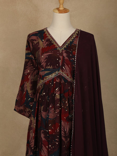 Maroon Multi-Color Floral Printed Anarkali Satin Salwar Suit - Diadem