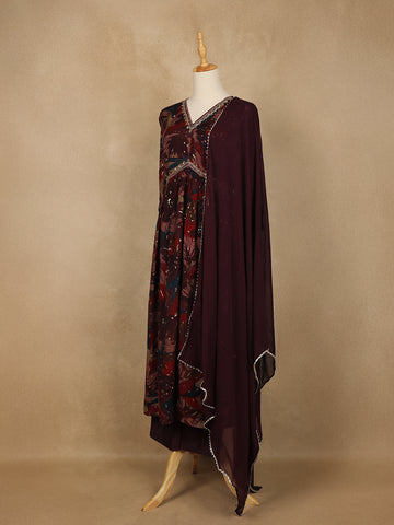 Maroon Multi-Color Floral Printed Anarkali Satin Salwar Suit - Diadem