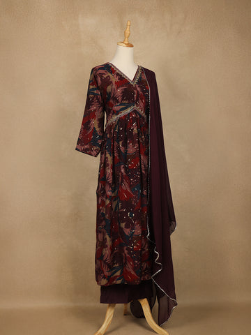Maroon Multi-Color Floral Printed Anarkali Satin Salwar Suit - Diadem