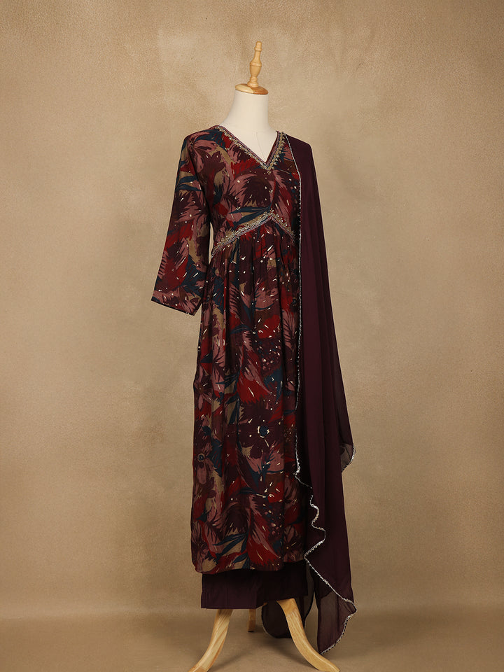 Maroon Multi-Color Floral Printed Anarkali Satin Salwar Suit - Diadem