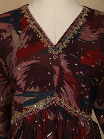 Maroon Multi-Color Floral Printed Anarkali Satin Salwar Suit - Diadem