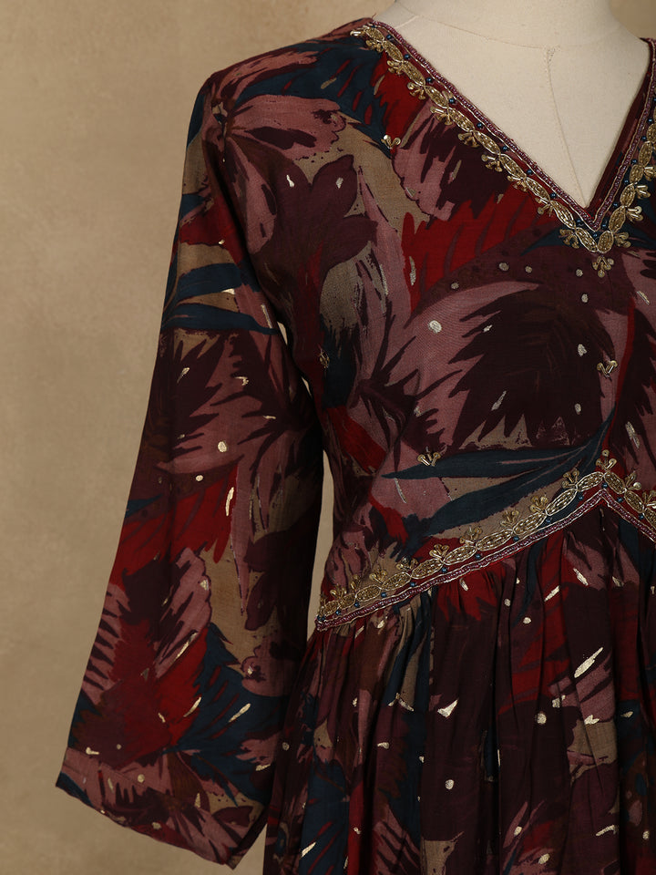 Maroon Multi-Color Floral Printed Anarkali Satin Salwar Suit - Diadem