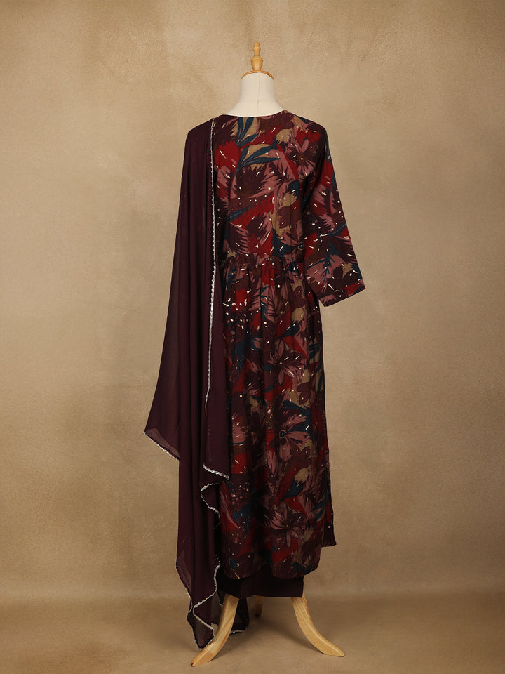 Maroon Multi-Color Floral Printed Anarkali Satin Salwar Suit - Diadem