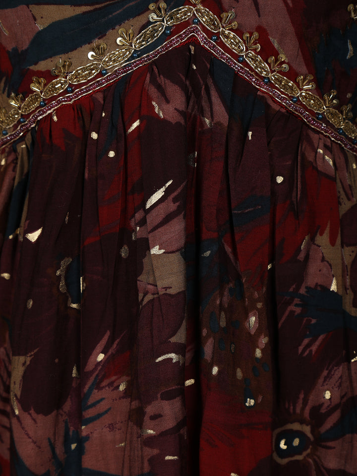 Maroon Multi-Color Floral Printed Anarkali Satin Salwar Suit - Diadem