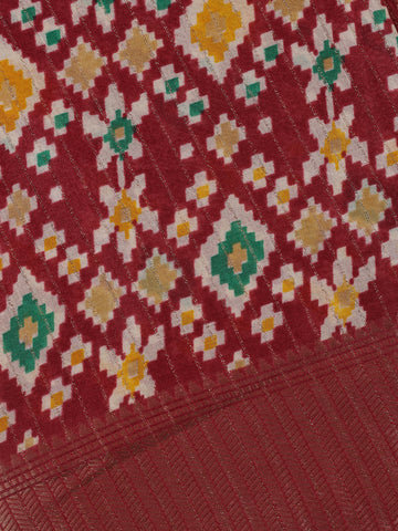 Maroon Multi-Color Geometric Ikat Patterned Cotton Saree - Diadem