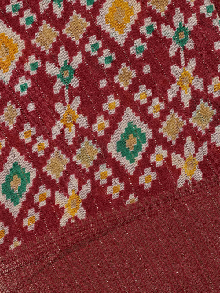 Maroon Multi-Color Geometric Ikat Patterned Cotton Saree - Diadem